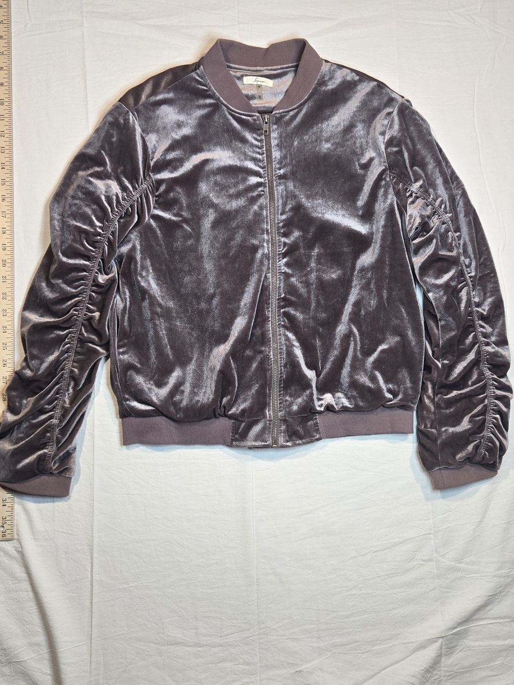 Soprano Plush Ruched-Sleeve Velvet Bomber Jacket - Dusty Mauve